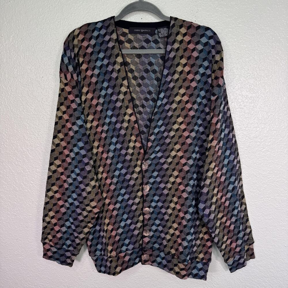Vintage Jhane Barnes Cardigan Mens XL Geometric Wool Knit Button Sweater Art